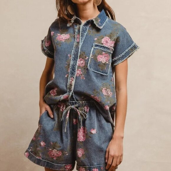 BiBi Floral Printed Denim Short‎ Pants With Pocket - Picture 7 of 10